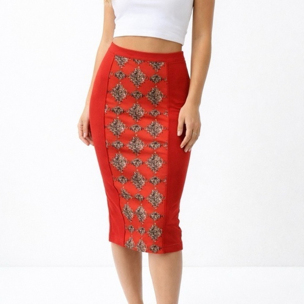 ❤️XOXO Tomato Red Bodycon Pencil Skirt XS – Aztec Print Panel, Stretchy, Sexy